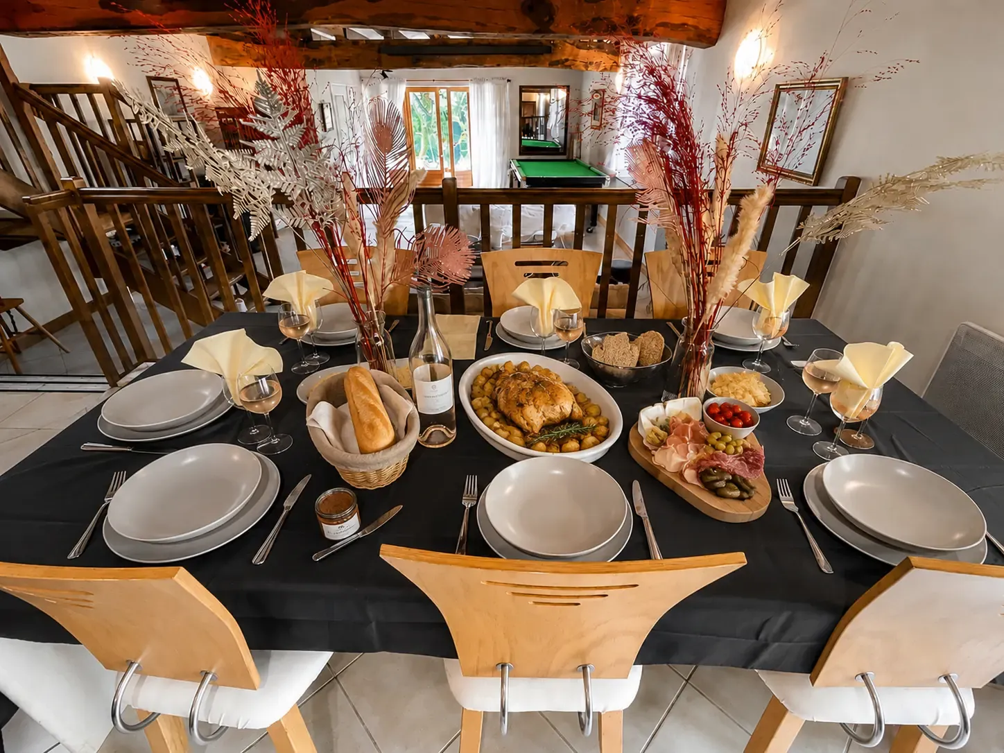 Gather around the long table.
